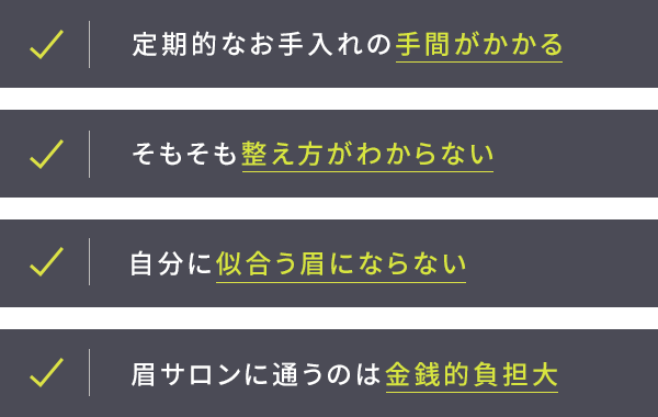 ・定期的なお手入れの手間がかかる・そもそも整え方がわからない・自分に似合う眉にならない・眉サロンに通うのは金銭的負担大